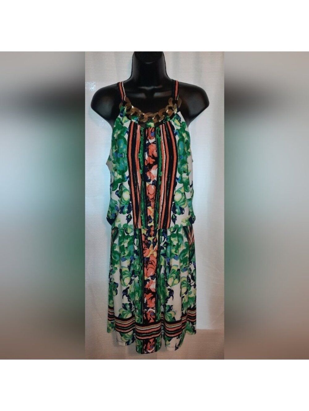 Chetta B Green and Orange Floral Midi Dress